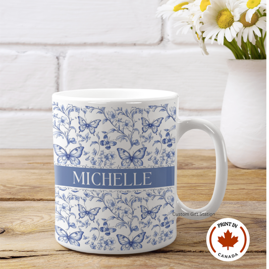 Custom Blue Toile Butterfly Mug