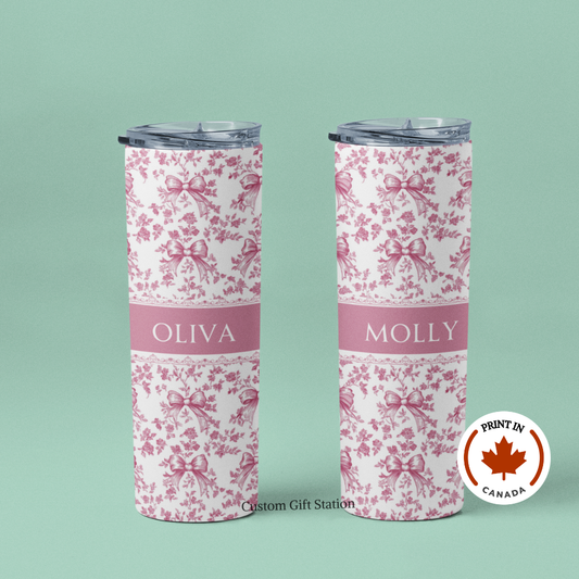 Custom Name Pink Toile Bow Ribbon Tumbler