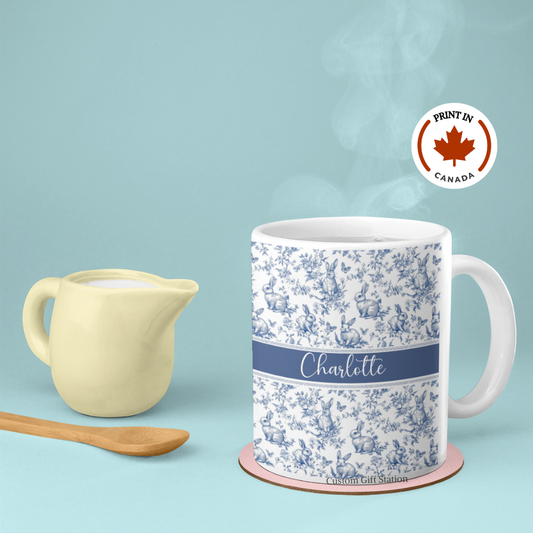 Custom Name Blue Toile Rabbit Mug