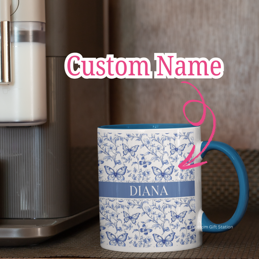 Custom Blue Toile Butterfly Mug