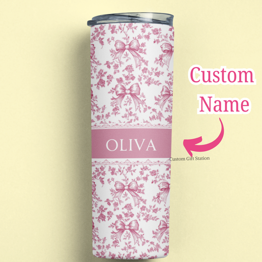 Custom Name Pink Toile Bow Ribbon Tumbler