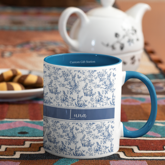 Custom Name Blue Toile Rabbit Mug